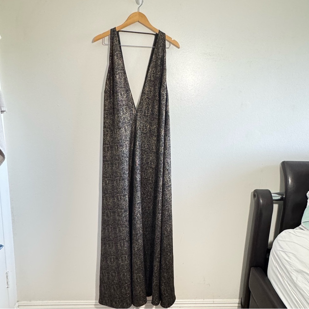 Reformation Black and Gold Evening Gown Deep Cut Front Back size Medium